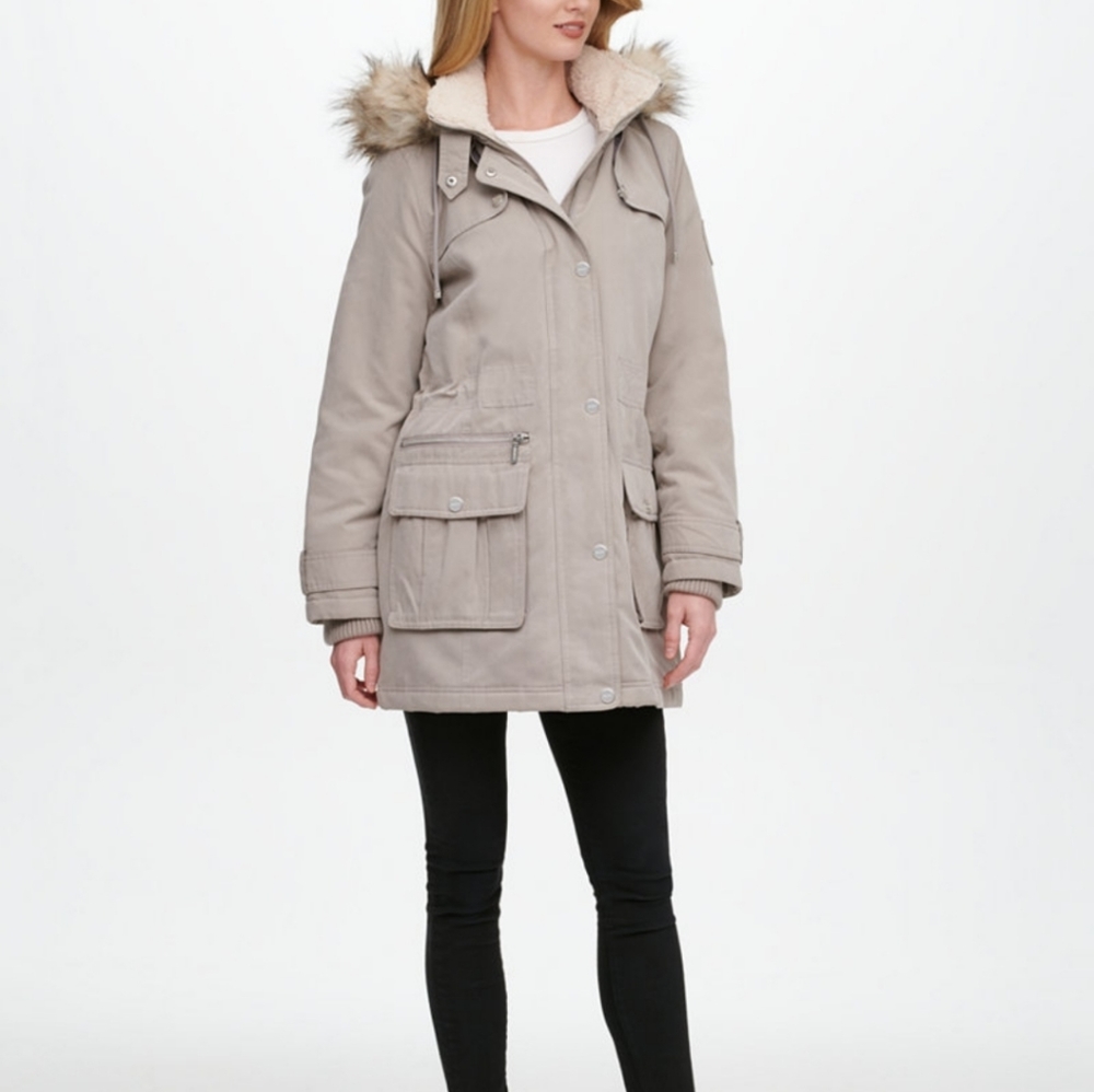 DKNY Faux-Fur Trim Hooded Water-Resistant Coat